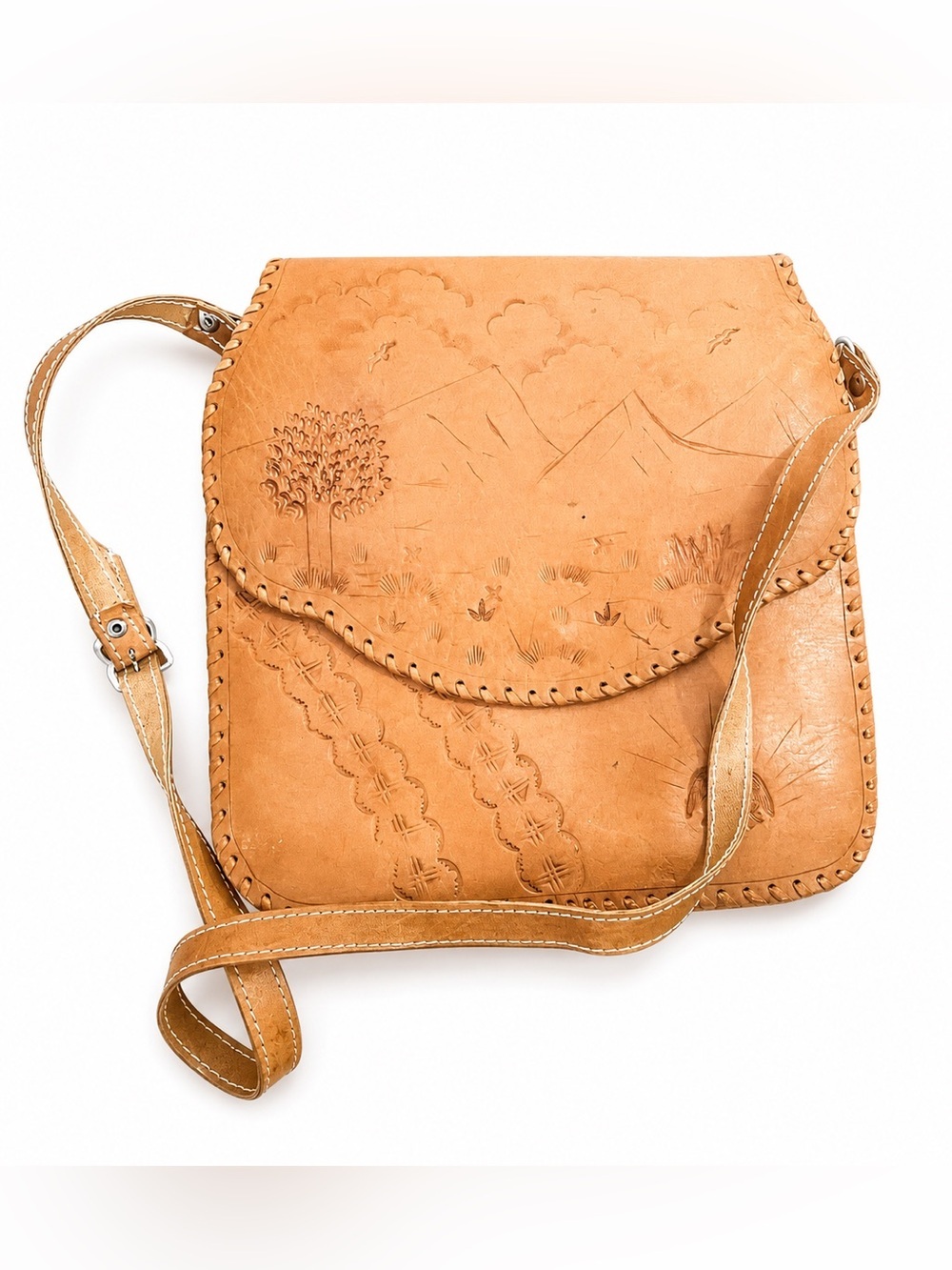 Vintage Handmade Genuine Leather Tooled Crossbody Bag | Western Boho Scenic Embo